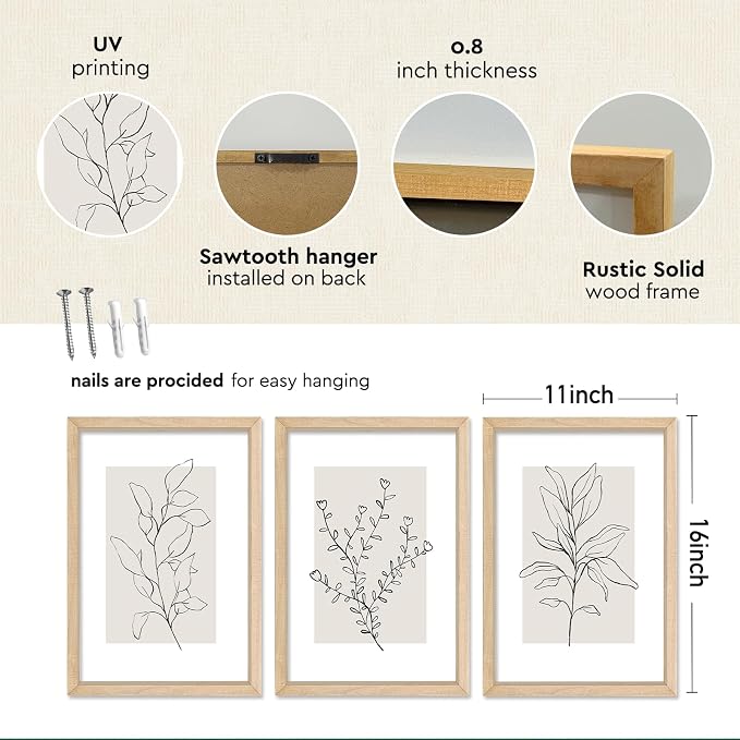 YWJKWLGS Neutral Botanical Prints Framed Wall Art Decor 11x16 Inch Set of 3 - Image 2