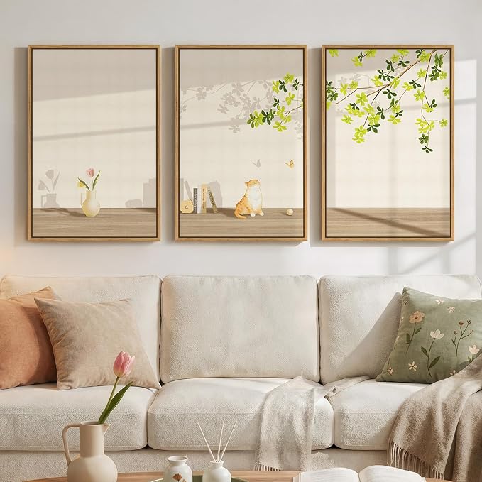 Framed Modern Neutral Wall Art for Living Room, 3 Piece Nature Summer Cozy by Cuspin