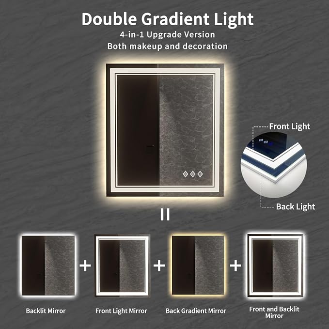 Bathroom Mirror, 32x36 Inch Gradient Front and Backlit LED Mirror - Image 5