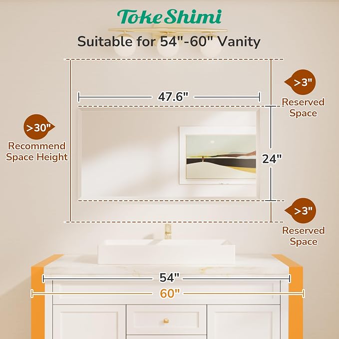TokeShimi 48x24 Beveled Frameless Bathroom Mirror Decorative, Bathroom Vanity - Image 2