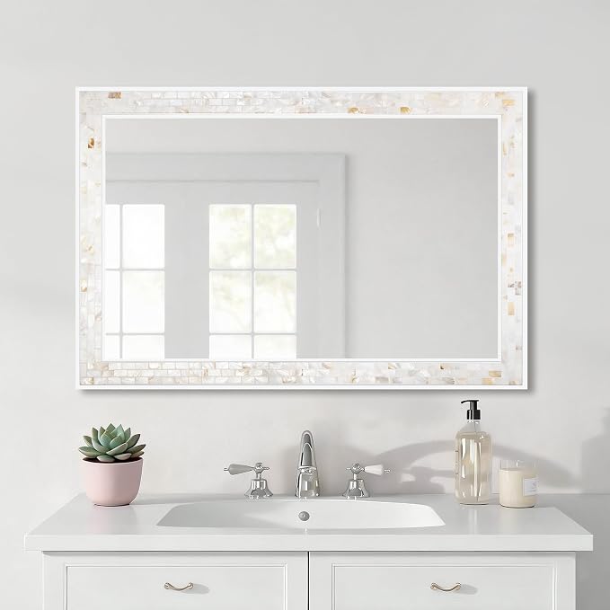 Mosaic Bathroom Mirrors for Wall 24x36 Inch, Natural Mother of Pearl Inlay - Image 2