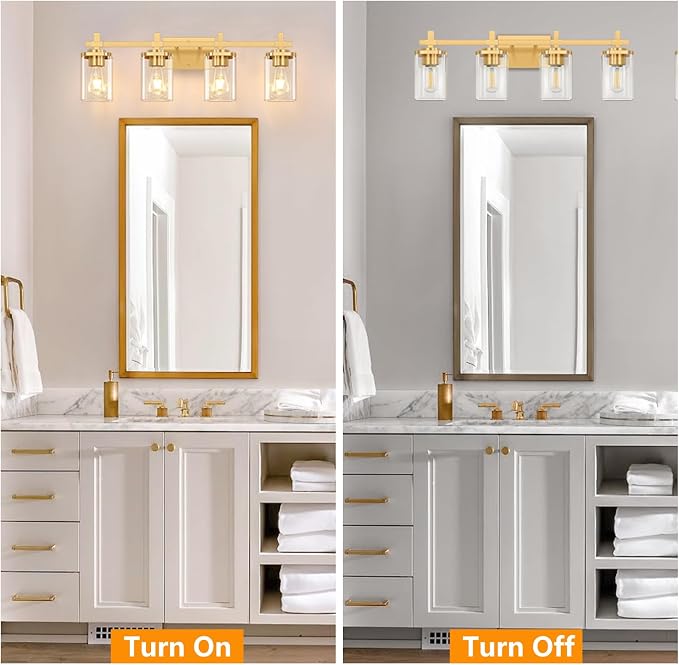 4-Lights Gold Bathroom Vanity Light Over Mirror, Brushed Gold Bathroom Wall - Image 6