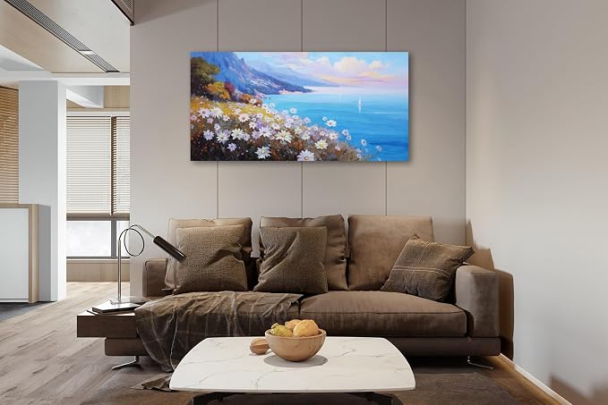 Anolyfi Coastal Landscape Wall Art Nature Flower Mountain Canvas Painting Blue - Image 2