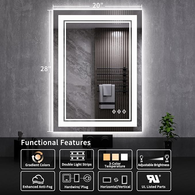 LED Mirror, 20x28 Inch Gradient Front and Backlit LED Bathroom Mirror, 3 Colors - Image 2