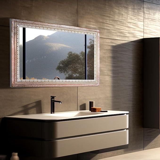36x24 Inch Rustic Farmhouse Rectangle Bathroom Mirror Decorative, Boho Wooden - Image 2