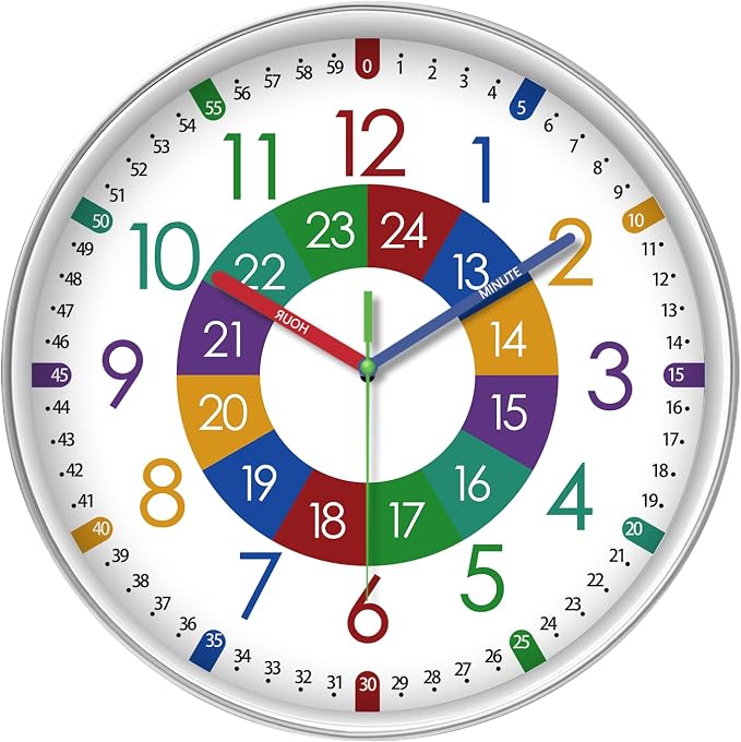 XFM Kids Wall Clock for Children's Bedroom 10 Inch Round Multi-Colored Learning by XFMWallClock