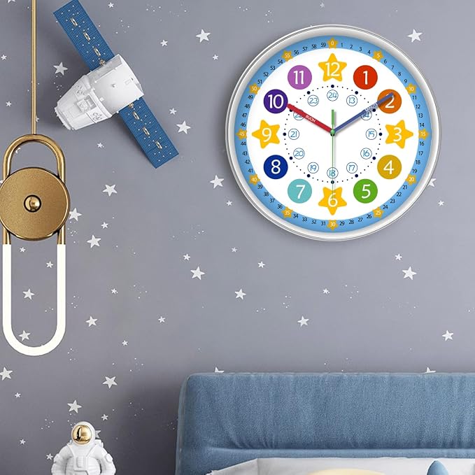 XFM Blue Kids Wall Clock 8 Inch Silent Non Ticking Quartz Battery Operated - Image 2