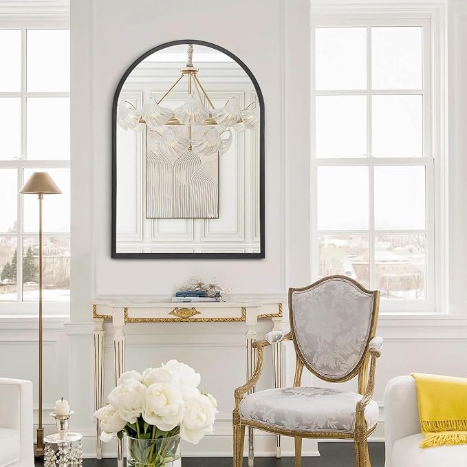 Black Arched Bathroom Wall Mirror Brushed Metal Vanity Wall Mounted Mirror - Image 5