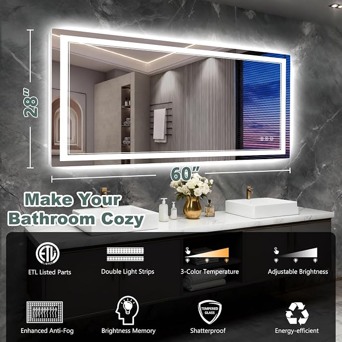 60x28 Inch LED Bathroom Mirror - Image 2