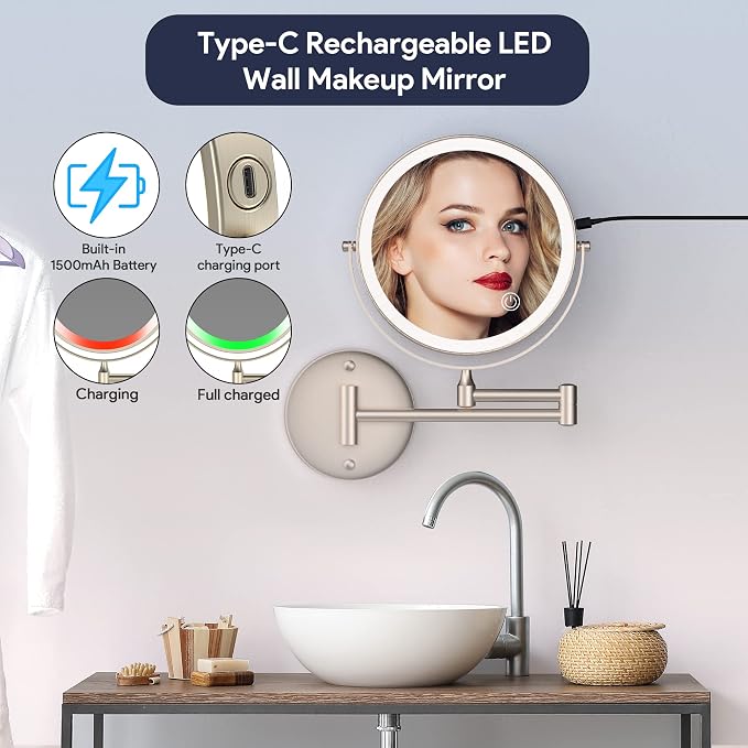 Rocollos Rechargeable Wall Mounted Lighted Makeup Mirror, 8 Inch Double-Sided - Image 2