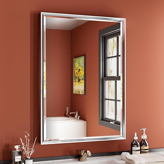 Silver Bathroom Mirror, 22x30 Inch Beveled Rectangle Wall Mounted Mirror by QUEENFUN