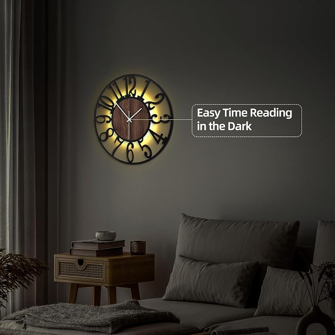 20'' Silent Wall Clock with Night Light, Glow in The Dark Decorative Wall Clock - Image 5