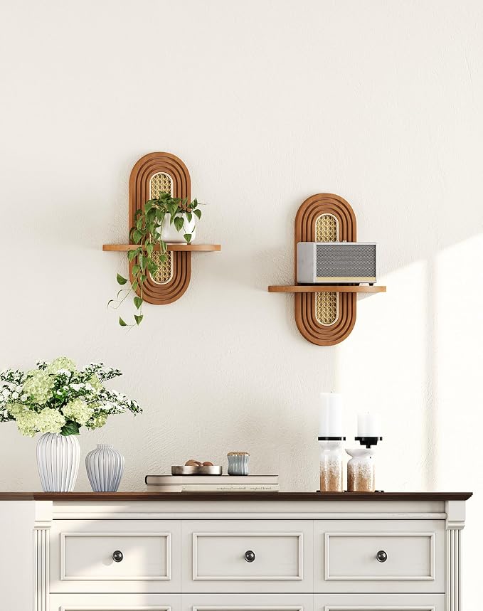 Floating Shelves for Wall, Boho Home Wall Decor, Rattan Plant Shelf Set of 2 - Image 7