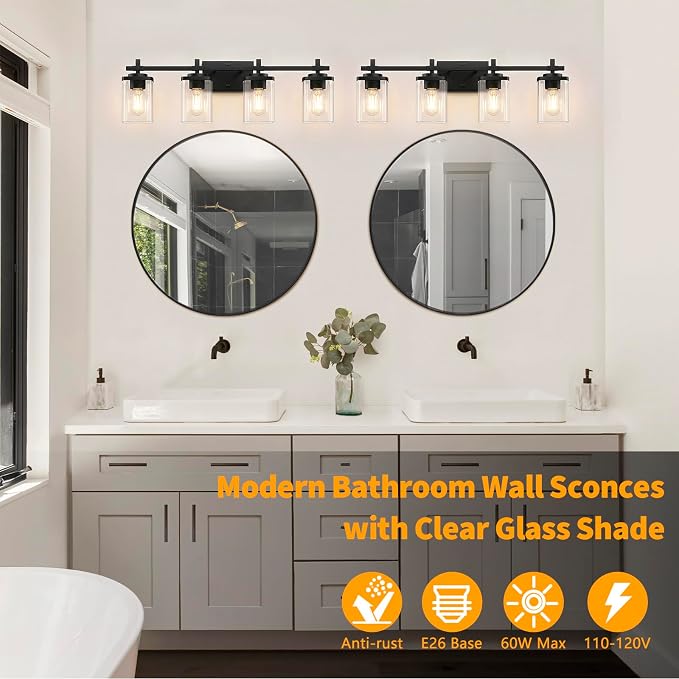 4-Lights Matte Black Bathroom Light Fixture, Modern Black Vanity Lights Over - Image 4