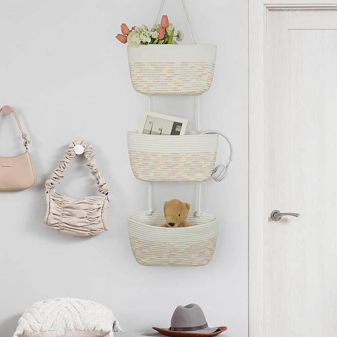 TeoKJ Over the Door Hanging Basket, 3-Tier Woven Cotton Wall-Mounted Storage - Image 3