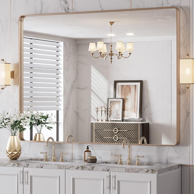 LOAAO 48”X36” Gold Bathroom Mirror, Rounded Rectangle Gold Frame Mirror by LOAAO