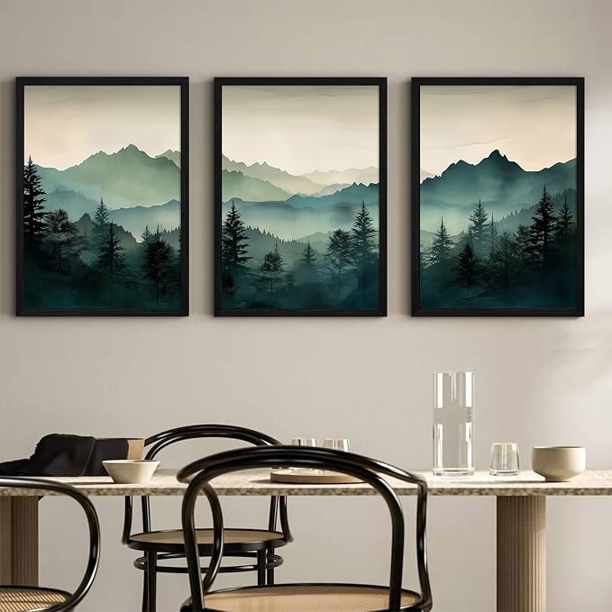 Mountain Wall Art Decor Set of 3 Sage Green Forest Canvas Wall Art Prints - Image 3