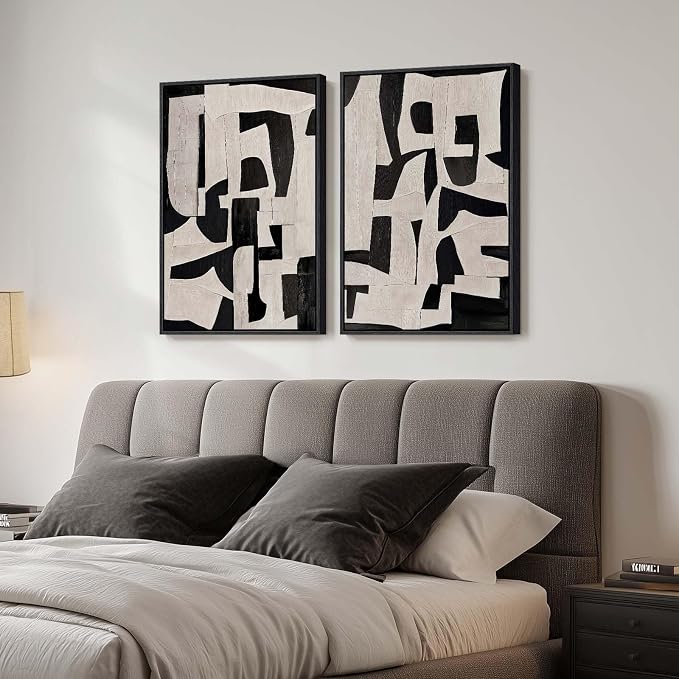 Large Framed Black and Beige Abstract Wall Art, Modern Art Prints Pictures by Cuspin