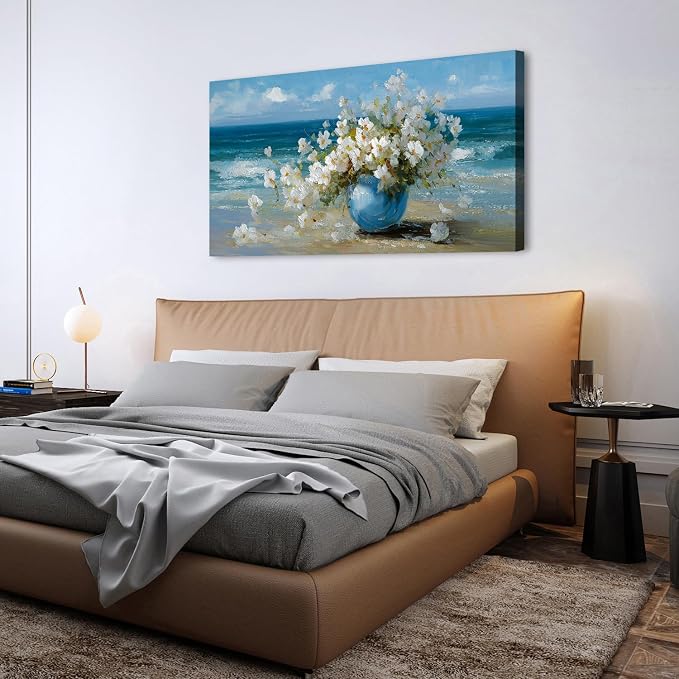Vintage Flowers Canvas Wall Art White Blossom Painting Retro Flowers in Blue - Image 6