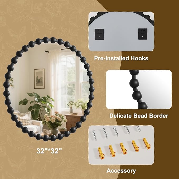 Easly Round Mirror for Wall, 32 Inch Black Beaded Frame Decorative Vanity Mirror - Image 4