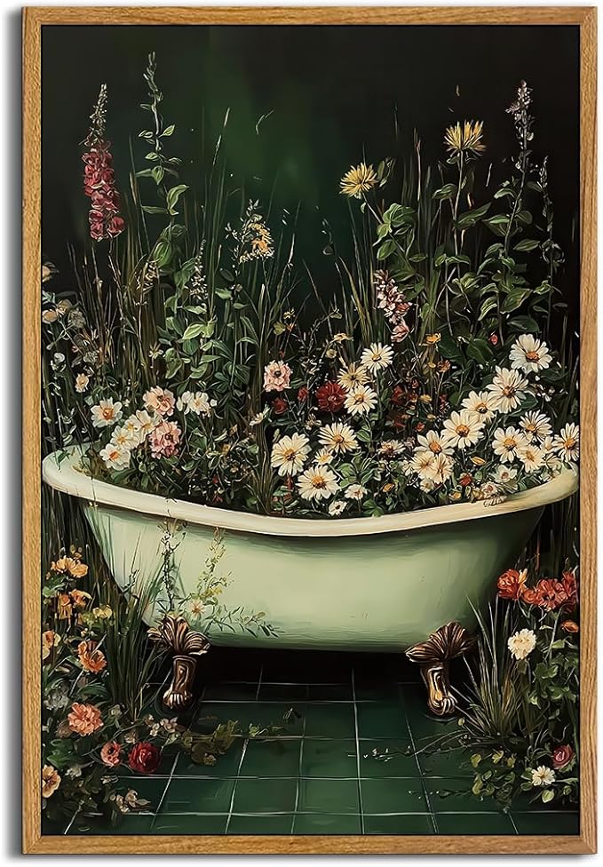 AtterrirArt Framed Vintage Bathroom Wall Art, 16 * 24inch, Whimsical Bathtub by AtterrirArt