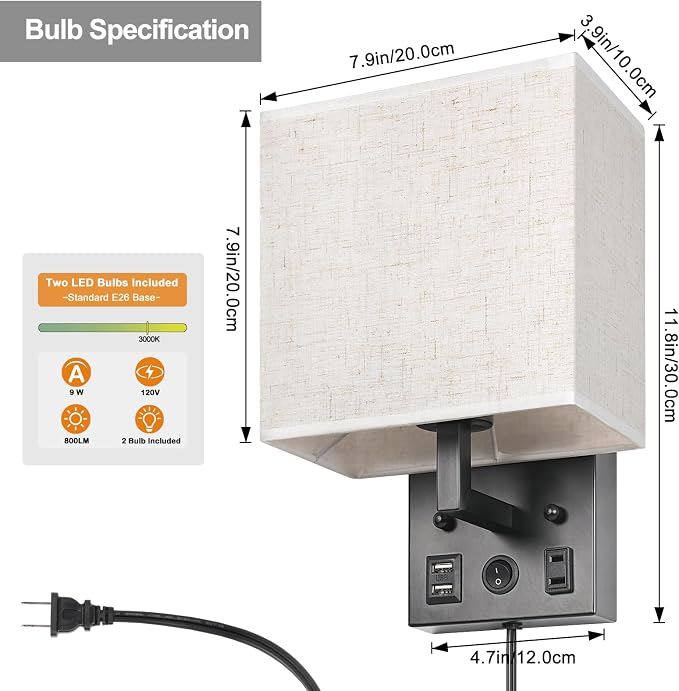CADUKE Bedside Wall Lamp Set of 2, Plug in Wall Sconce - Image 3
