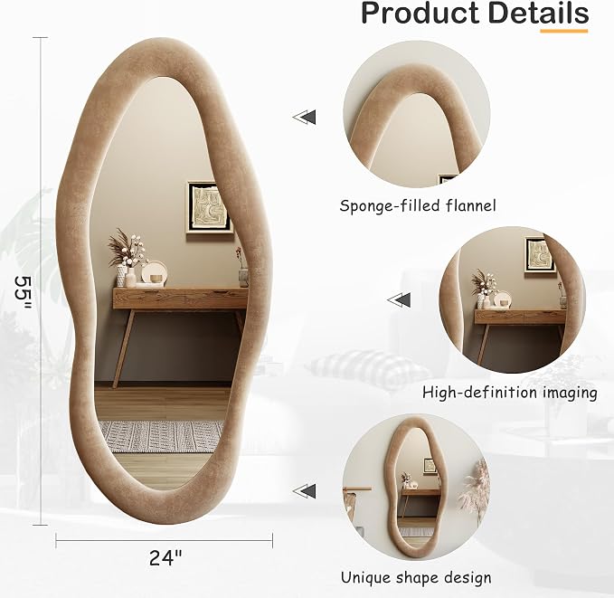 Honyee 55" x 24" Wall Mirror, Flannel Wrapped Wooden Frame Wavy Mirror - Image 4