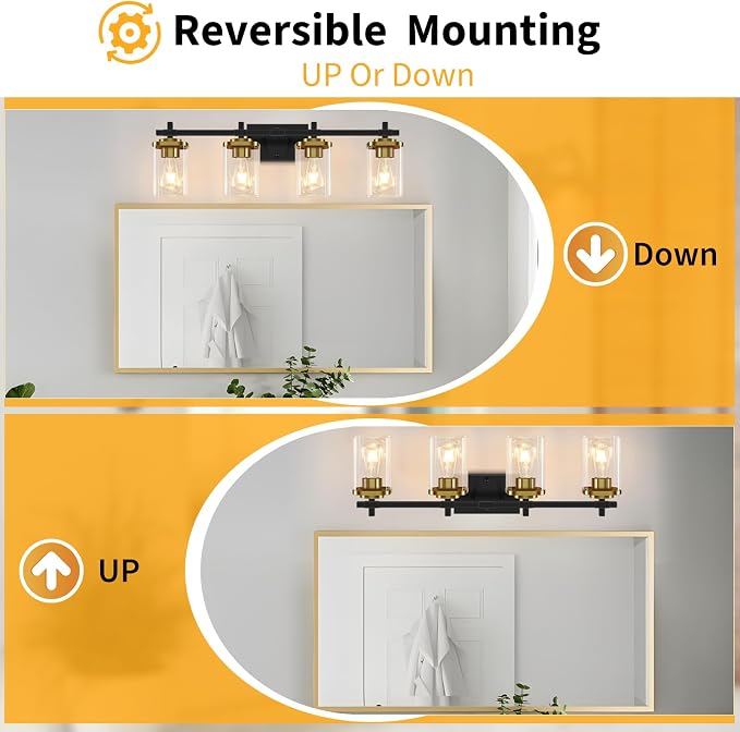 4-Lights Black and Gold Bathroom Vanity Light, Modern Bathroom Wall Sconces - Image 6