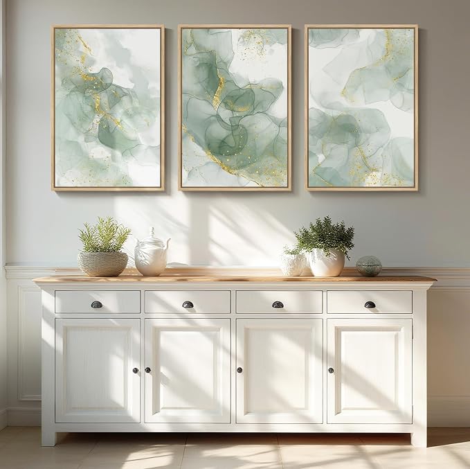 Large Framed Sage Green Abstract Wall Art, 3 Piece Modern Canvas Prints - Image 4