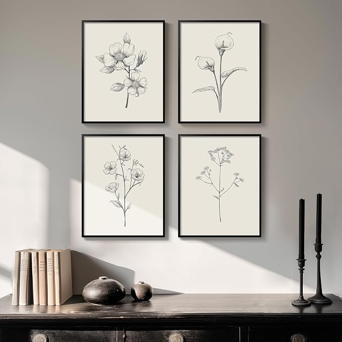 Framed Black and White Floral Wall Art, 4 Piece Vintage Gray Botanical Canvas by Cuspin