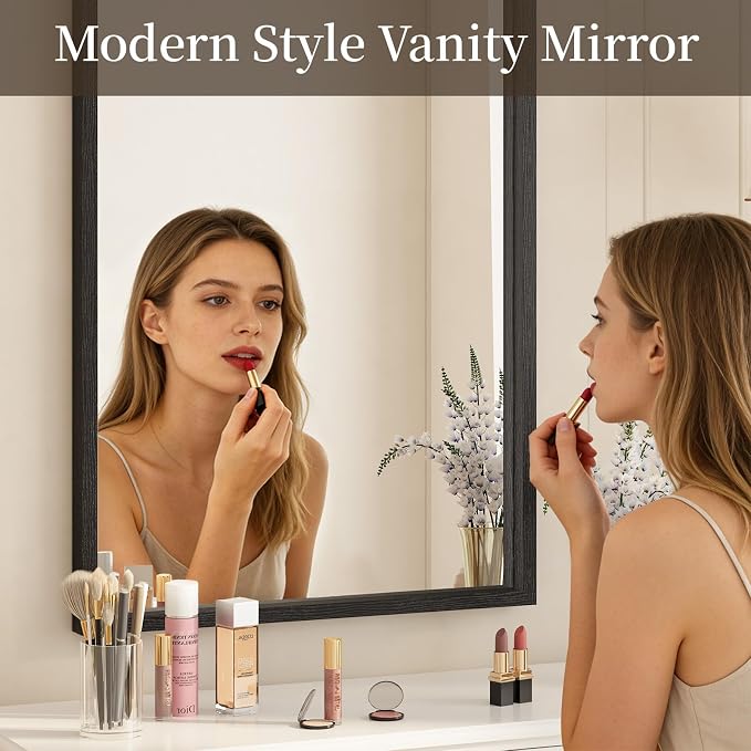 Syndra Black Wood Frame Bathroom Mirror, Waterproof Slim Deep Frame, - Image 4