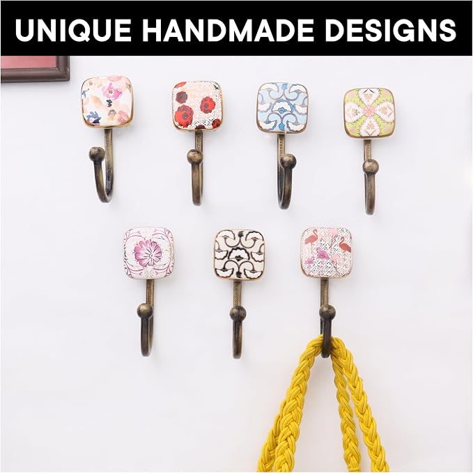 Indian Shelf Pack of 6 Multicolor Square Ceramic Kids Room Wall Hooks - Image 7