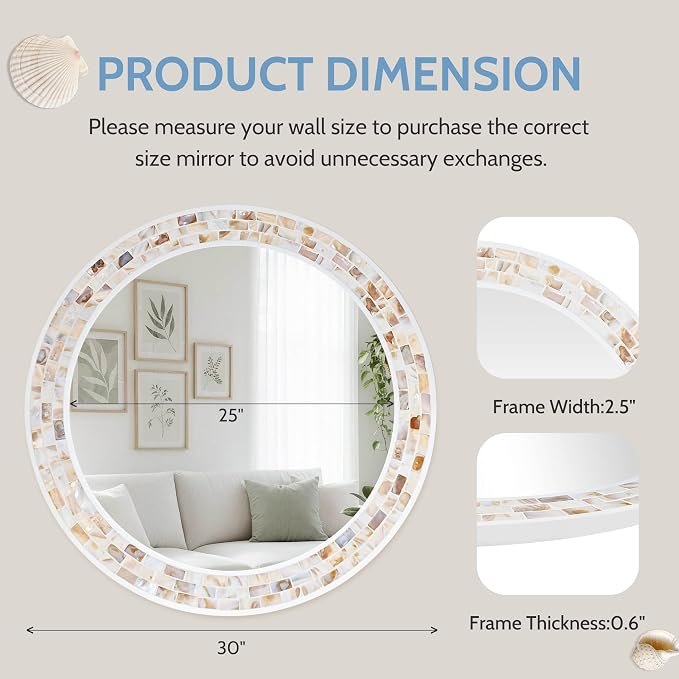 Tanmicoshomy Round Wall Mirror 30 Inch, Natural Brown Shell Framed Circle - Image 3