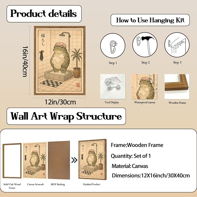 Funny Japanese Frog Bathroom Wall Art Whimsical Frog Shower Wall Decor 12x16 - Image 3