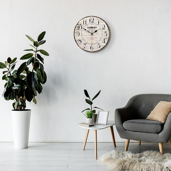 14 Inch Retro Vintage French Country Style Round Wooden Wall Clock Silent - Image 7