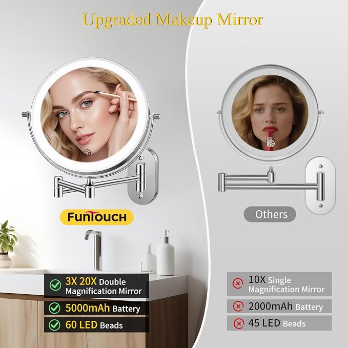 FUNTOUCH Rechargeable Wall Mounted Makeup Mirror - Image 5