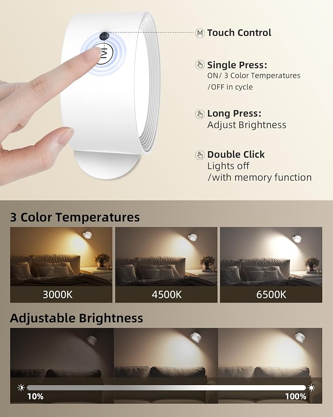 LED Wall Mounted Lights, Rechargeable Wall Sconces Lamp, 3 Color Temps & Remote - Image 3