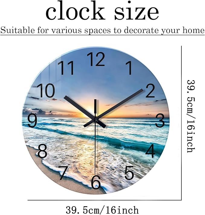 Blue Coastal Wall Clocks Battery Operated 16 Inch Glass Wall Clock Silent Beach - Image 5