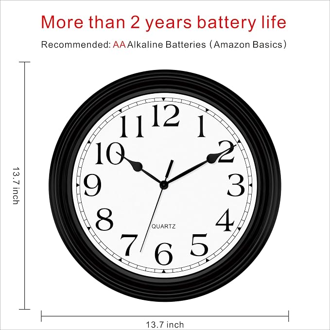 Foxtop 14 Inch Wall Clock Battery Operated Silent Non-Ticking Round Classic - Image 2