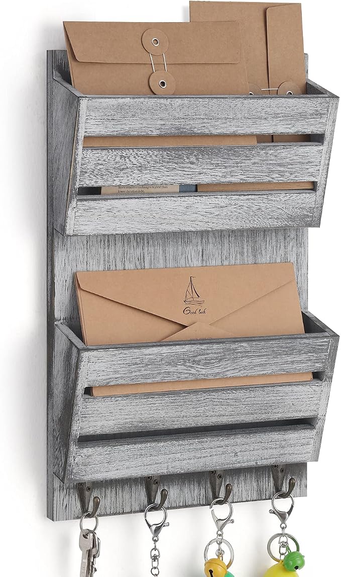 BTY Mail Sorter Wall Mounted, Wooden Mail Holder by BTY