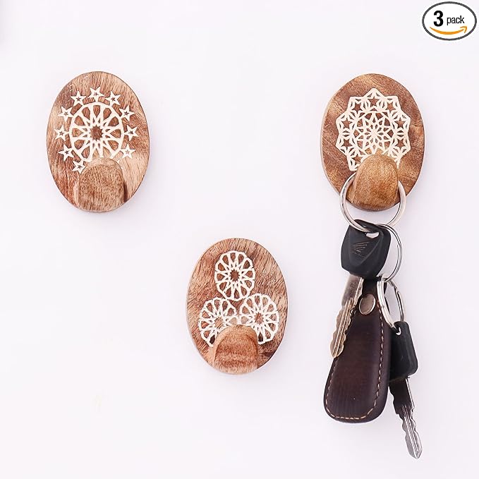Indian Shelf 6 Lb- 3 Pieces Decorative Wood Adhesive Wall Hooks–Boho Peel and by IndianShelf