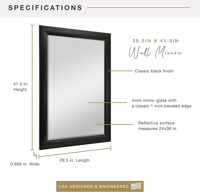 MCS 29.5x41.5 Large Wall Mirror, Classic Black Mirror, Vertical & Horizontal - Image 3