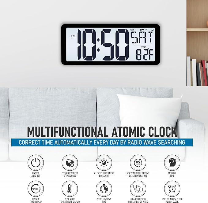 TXL Atomic Clock with Backlight, 14.2" Large Digital Wall Clock Battery Operated - Image 2