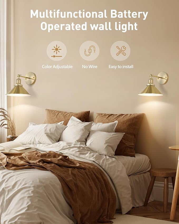 Bailoch Gold Vintage Wireless Battery Operated Wall Sconces, Rechargeable - Image 5