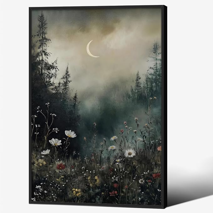 Dark Flower Field Poster Vintage Moody Academia Wall Art 24X36 inch Black by rumlud