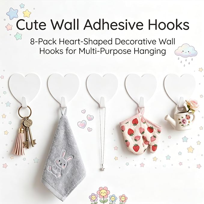 Heart Wall Hooks, 8 Pack, Cute White Decorative Accessories, Purse Hanger - Image 2