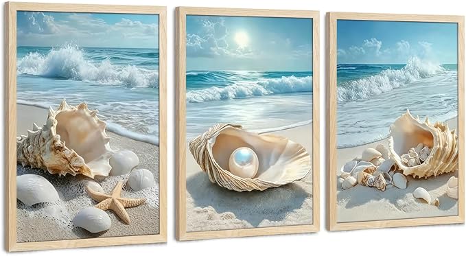 SYWENNOI 3 Piece Wood Framed Beach Wall Art, Sandy Shore, Pearl in Shell by SYWENNOICanvasWallArt