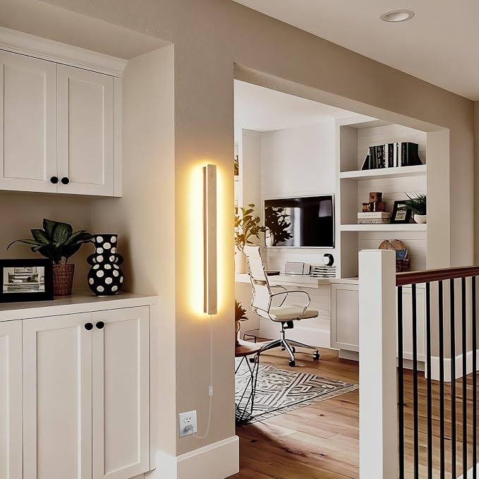 Modern Plug in Wall Sconces, 23.6 inch Faux Wood Texture Finish LED Long Wall - Image 6