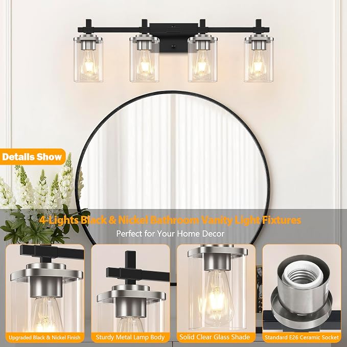 4-Lights Black and Brushed Nickel Vanity Lights - Image 3