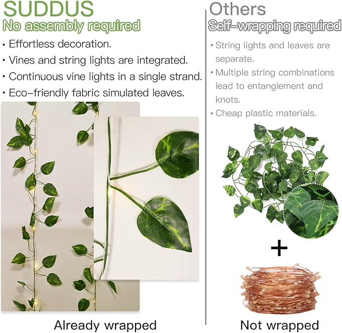 suddus Vine with Fairy Lights Battery Operated, 33ft100 LED Pothos String - Image 4